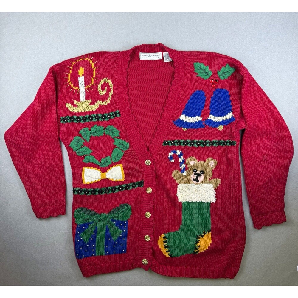 Maggie Lawrence Womens Large Red Christmas Cardigan Beaded Teddy Bear Sweater